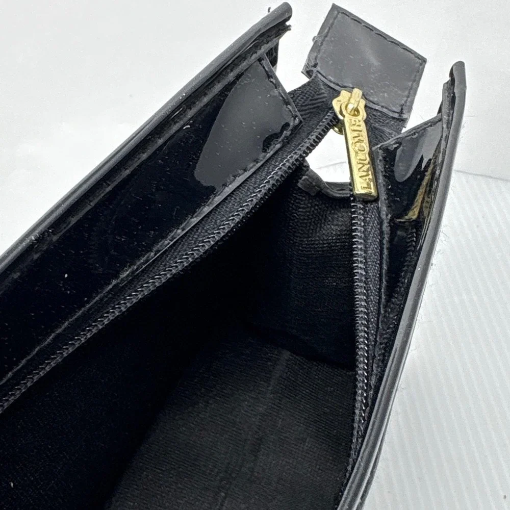 Lancome Black Faux Patent Leather Makeup Bag‎ Gold Logo Zipper Pull Cosmetic Bag